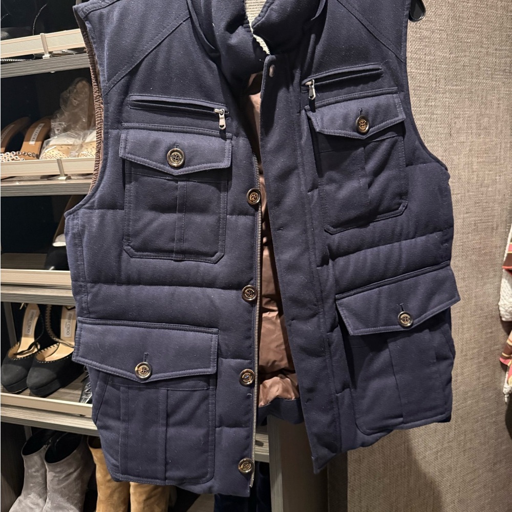 Brunello Cucinelli Navy Quilted Utility Vest with Multiple Pockets